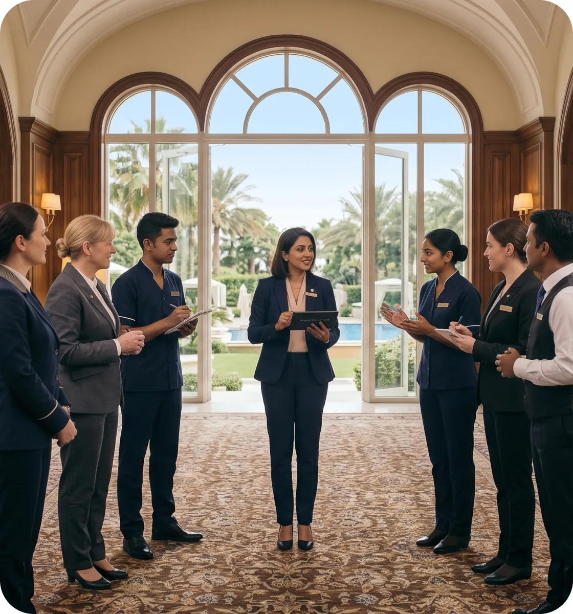 Hotel team meeting in a lobby