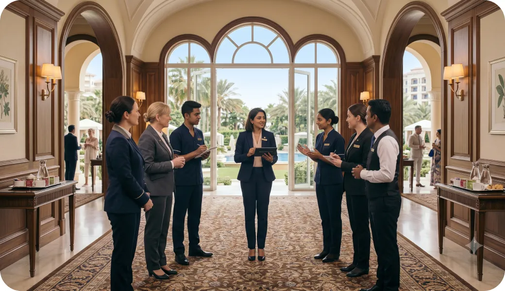 Partners shaking hands at a hotel