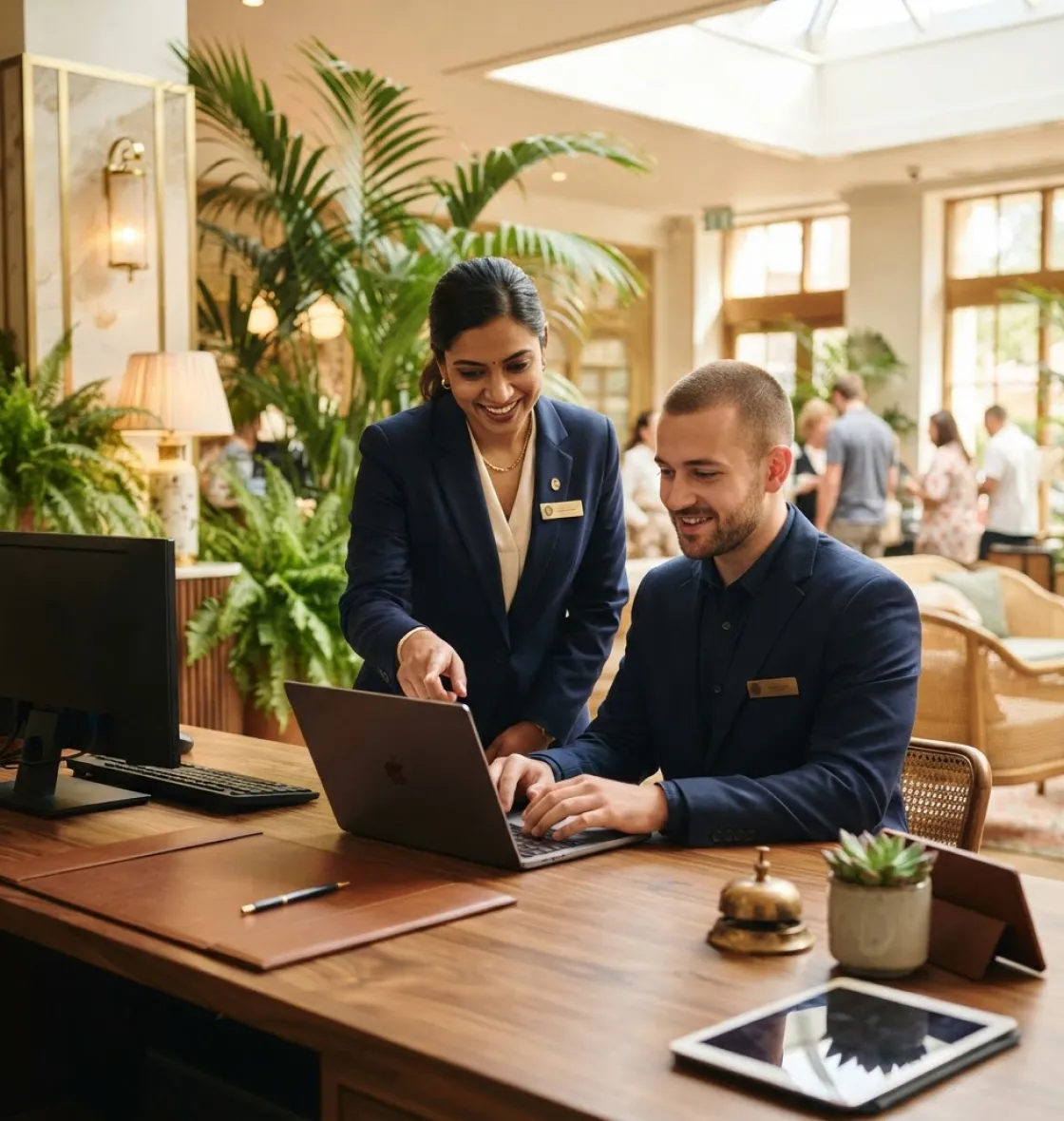 Support team helping a hotel manager